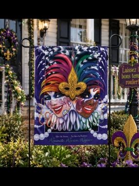 New Creative Mardi Gras Garden Flag Reunite Mask Beads Fleur de Lis 12.5" x 18"
